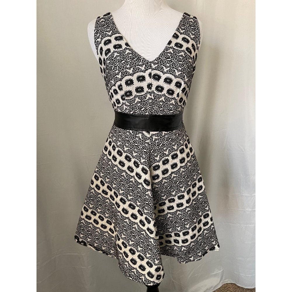 Chelsea & Violet Cream/Black Embroidered Patterned Fit and Flare V-Neck Dress